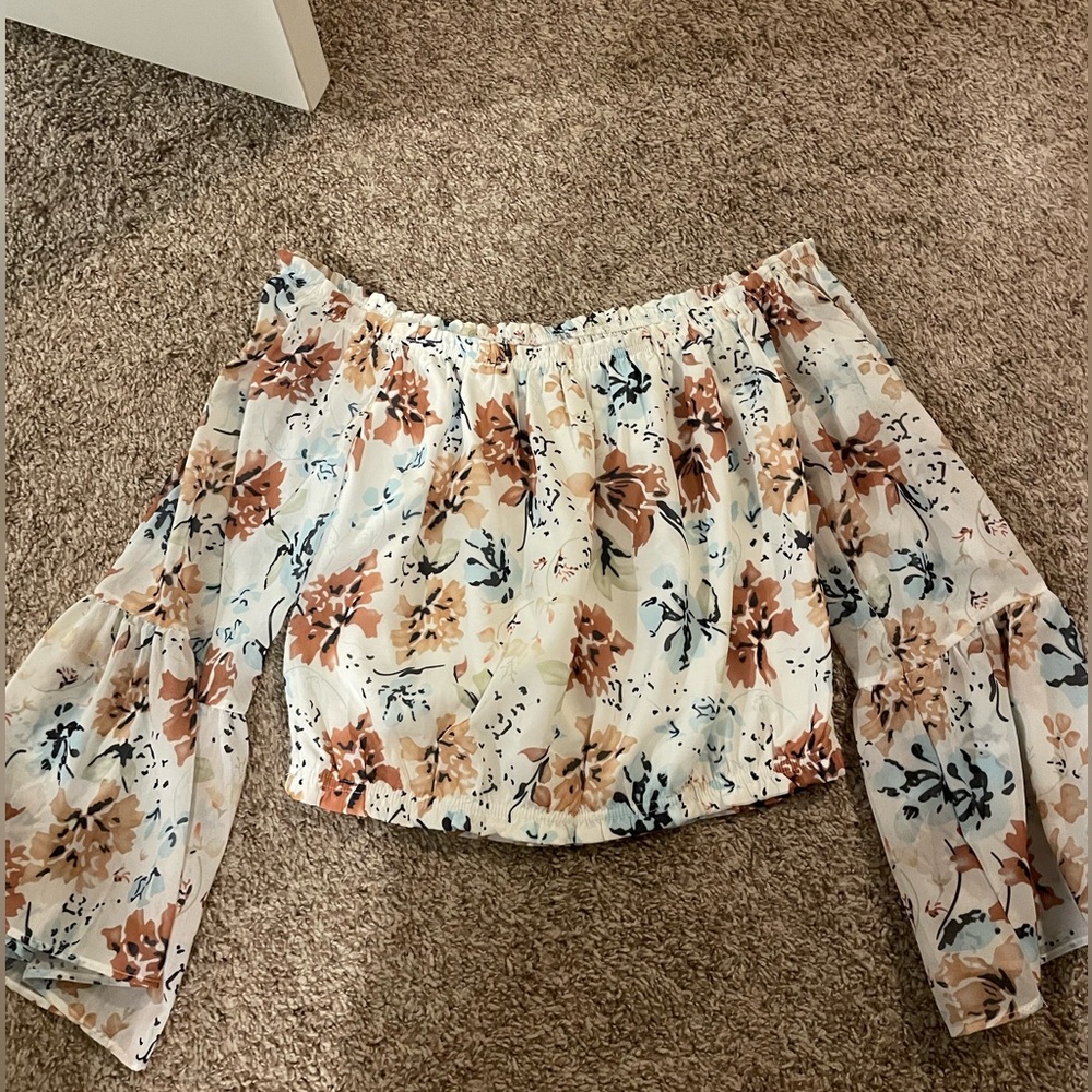 Off the shoulder white floral shirt